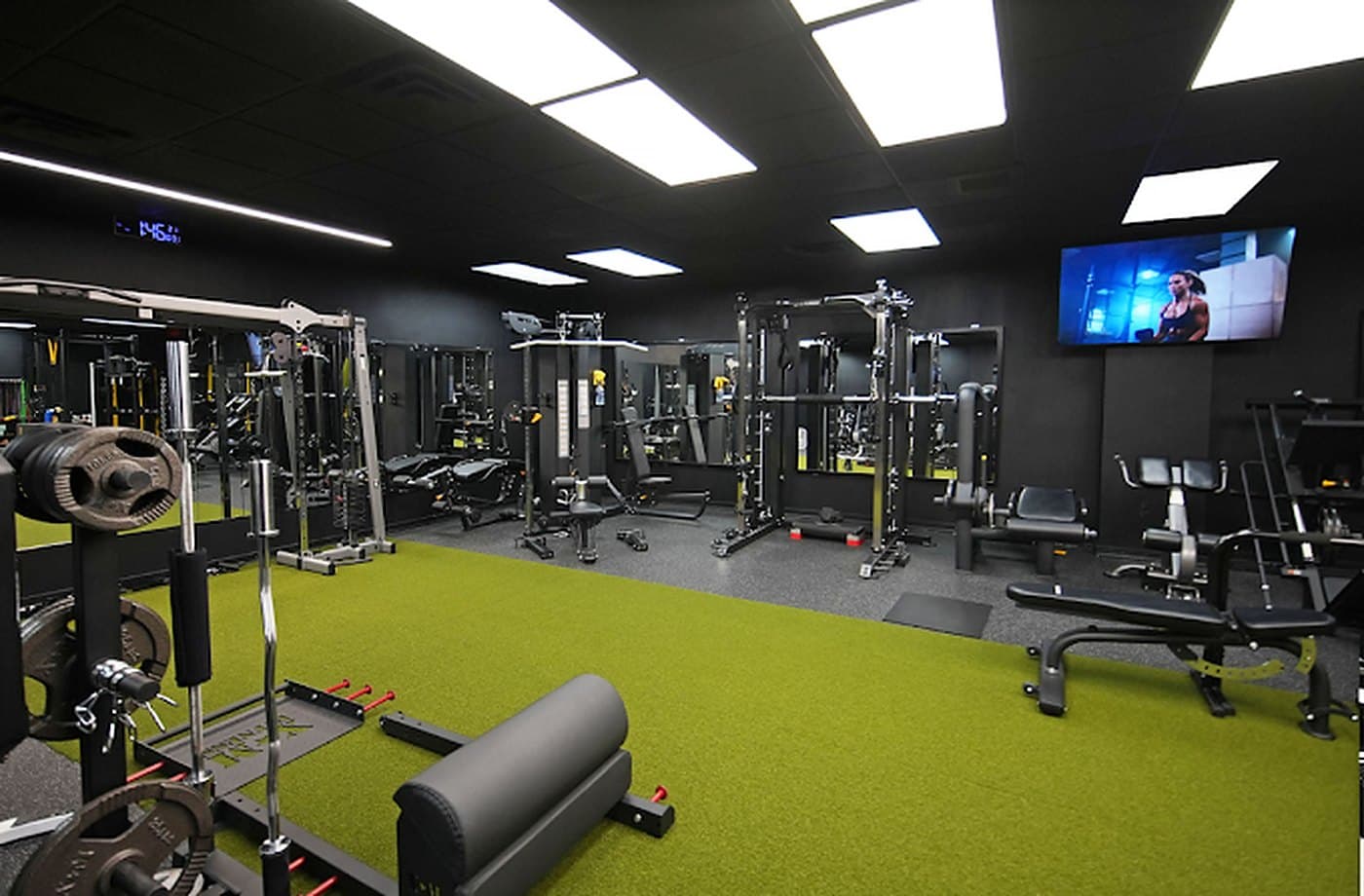 The training floor: green turf lane, racks, cables and machines under black walls